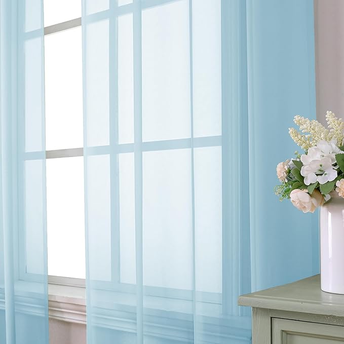 Aiyufeng 2 Pack: Basic Sky Blue Sheer Curtain Drapes 96 Inch Length 2 Panels for Living Room, Light Filtering Voile Drapes for Bedroom, Patio, Sliding Door, Each 42" W x 96" L
