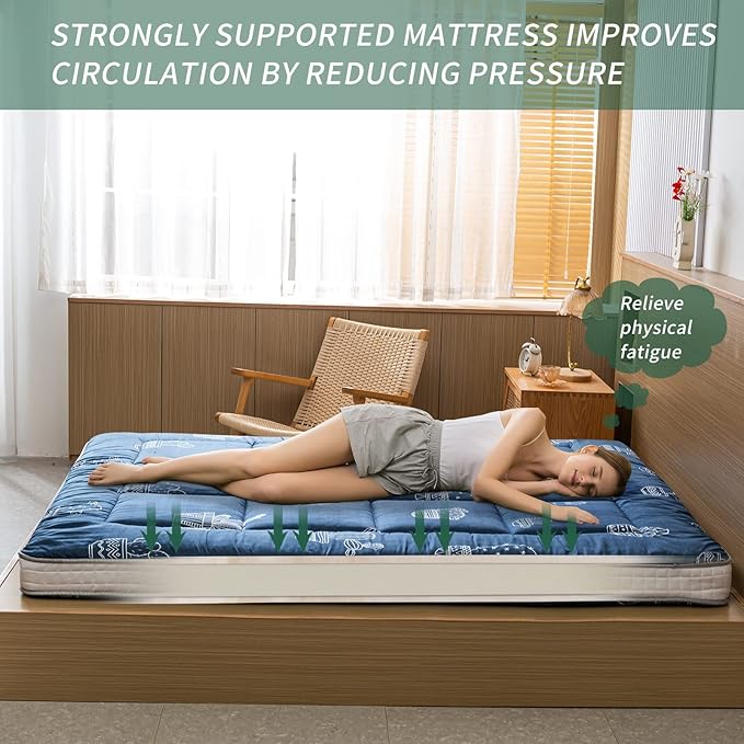 MAXYOYO Grey Cactus Pattern Queen Size Futon Mattress, Quilted Bed Mattress Topper, Extra Thick Folding Sleeping Pad, Breathable Floor Lounger, Guest Bed for Camping, Couch
