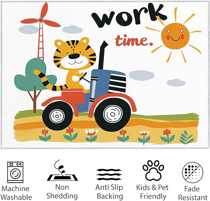 Washable Area Rug 5x8 ft Cartoon Farm Tiger Tractor 3D Print Area Rug for Living Room Bedroom Kids Room Home Decor Carpet, Indoor Non-Slip Floor Rug Mat, Low Pile Rugs