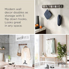 Umbra Flip Wall Mounted Floating Rack – Modern, Sleek, Space-Saving Coat Hanger with 5 Retractable, Driftwood/Nickel Hook