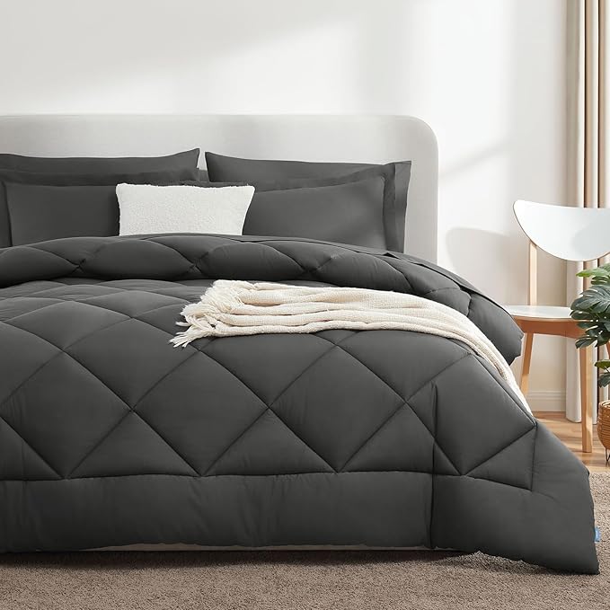 CozyLux California King Comforter Set Dark Grey - Cal King Bed in a Bag 7 Pieces, Luxury Soft Bed Set for All Seasons, Bedding Set with Down Alternative Comforter, Sheets, Pillowcases & Shams