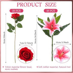 Hotop 20 Pcs Artificial Flowers Velvet Realistic Roses and Latex Lilies Flowers Bouquet Decorations Arrangements for Home Table Centerpieces Independence Day(Pink, Red)