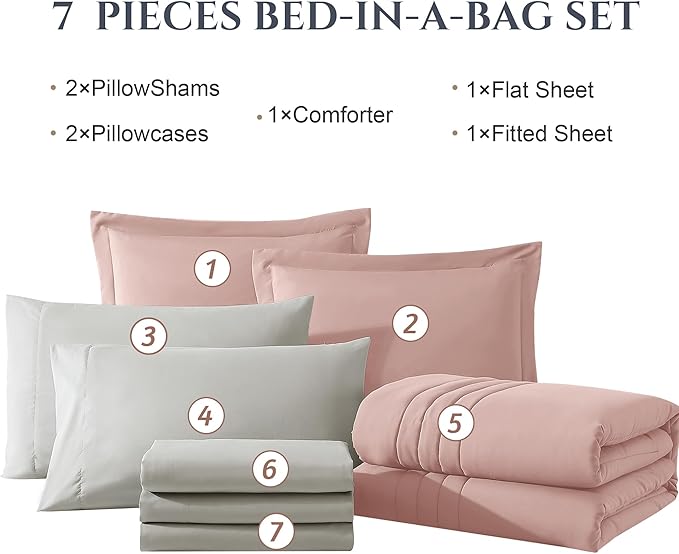 Monbix Full Comforter Set - 7 Pieces Light Pink Bed in a Bag Full Size Bedding Sets with Comforters, All Seasons Down Alternative Comforter with Sheets,Pillowcases & Shams