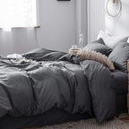 MooMee Bedding Duvet Cover Set 100% Washed Cotton Linen Like Textured Breathable Durable Soft Comfy (Heathered Dark Grey, Oversized Queen 98"x98")