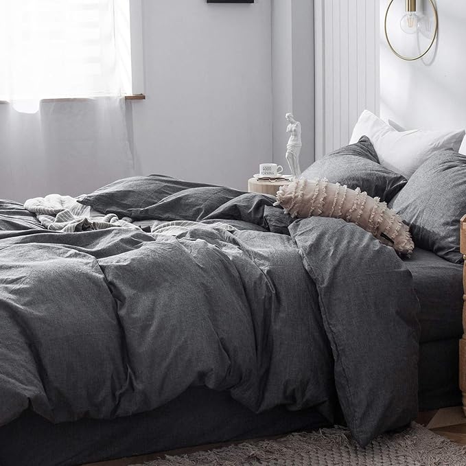 MooMee Bedding Duvet Cover Set 100% Washed Cotton Linen Like Textured Breathable Durable Soft Comfy (Heathered Dark Grey, Oversized Queen 98"x98")