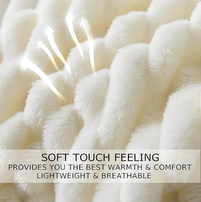 Cuddly Blanket King Size, Fluffy Fleece Blanket, Warm and Soft Blanket with Striped Pattern for King Calking Bed, 90x108 Inches,Cream