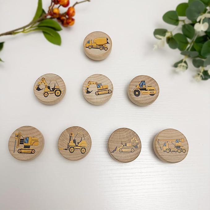 Set of 8 Wooden Construction Vehicle Digger Vehicle Theme Boys Bedroom Furniture Cabinet Dresser Drawer Knobs and Pulls 1.8 X 1.8 Inches