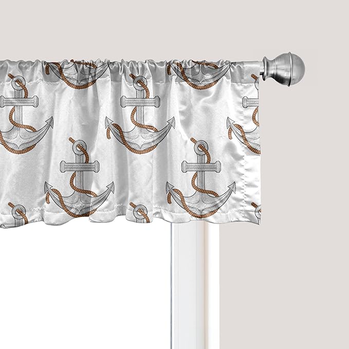 Ambesonne Vintage Nautical Tattoo Window Valance, Repetitive Anchor and Motif Maritime Pattern, Curtain Valance for Kitchen Bedroom Decor with Rod Pocket, 42" x 18", Pale Cinnamon Pale Grey