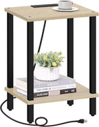 TUTOTAK End Table with Charging Station, Small Side Table with Outlets, Nightstand Bedside Table, 2-Tier Storage Shelf for Small Space, Living Room, Bedroom, Oak TB01BO040