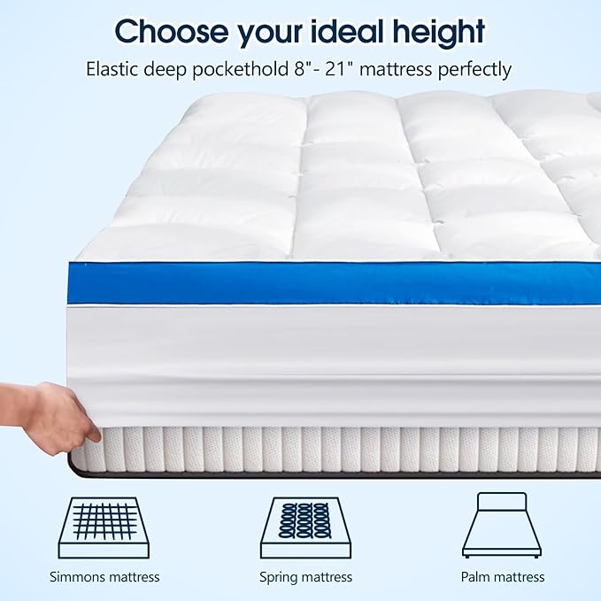 Short Queen Mattress Topper, CYMULA Cooling Mattress Pad Cover PillowTop for Bed Back Pain, Extra Thick Mattress Protector Firm Soft Floor Fill Overfilled with 8-21 Inch Deep Pocket, 60"x75"White