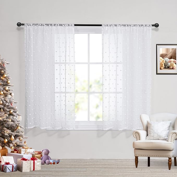 MYSKY HOME Short Curtains for Small Window - 45 Inch Long White Sheer Voile Panels with Pom Pom Trim for Kitchen, Bedroom, Living Room, Cafe, Nursery - 2 Sets - 52 x 45 Inch
