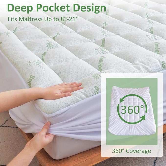 Bioeartha Cooling Mattress Topper King – Extra Soft Pillow Top Mattress Pad, Breathable Viscose Made from Bamboo Mattress Protector for Back Pain Relief, Deep Pocket Cover Fits 8–21 Inch