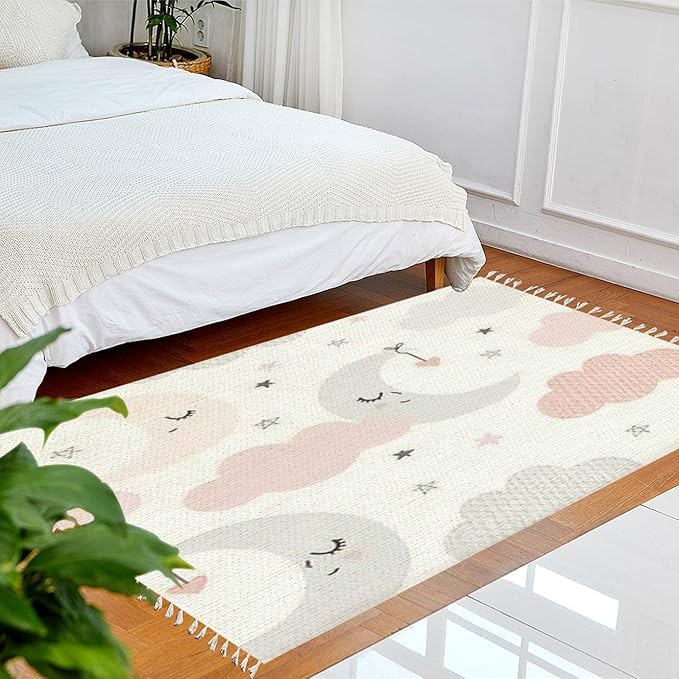 Rug Cute Sky Smiling Sleeping Moon Hearts Stars Clouds Scandinavian Chic Area Rug Washable Hallway Runner Rug Minimalist Home Decor for Living Room Bedroom Nursery Playroom Classroom