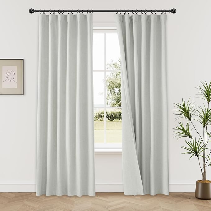 KangBang Greyish White Blackout Curtains 84 Inches Long for Bedroom, Back Tab Pocket Pleated Linen Textured Window Curtains 2 Panels, UV Protection Light Blocking Draperies,4-Way Hanging, 52x84 Inch