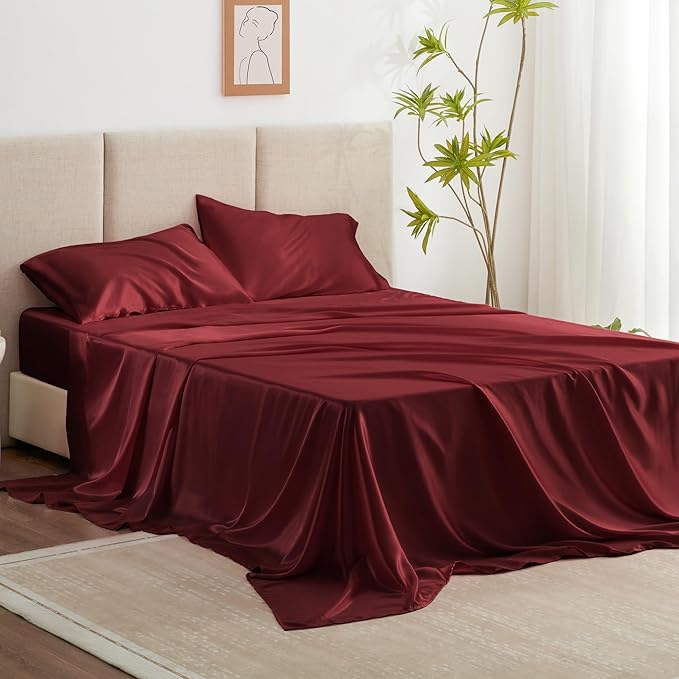 Love's cabin Full Size Satin Sheet Sets - 4 Piece Burgundy Silky Satin Sheet Set Full with Deep Pocket, Luxury Silk Feel Satin Bed Sheets Full Bedding Set (1 Flat Sheet,1 Fitted Sheet,2 Pillow Cases)