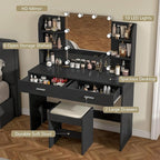 usikey Vanity Desk with Mirror and Lights, Vanity Makeup Table Set with 2 Drawers & 6 Open Shelves, Makeup Vanity Desk Dressing Table with Cushioned Stool, Black