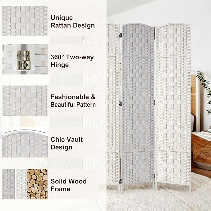 Rose Home Fashion 6 ft Tall Room Divider, Room Dividers and Folding Privacy Screens, 15.7in Privacy Screen 4 Panel Partition Temporary Wall Separation for Private, White