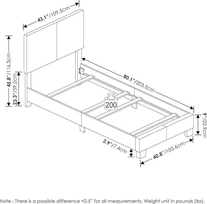 Furinno Pessac Fabric Upholstered Bed Frame with Wooden Slat Support, Twin, Glacier