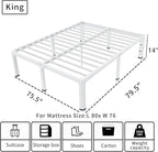 ROIL 14 Inch White King Bed Frame with Rounded Corner and Headboard Hole Mattress Retainers 3500LBS Heavy Duty Steel Slats No Box Spring Needed Platform Noise-Free Easy Assembly