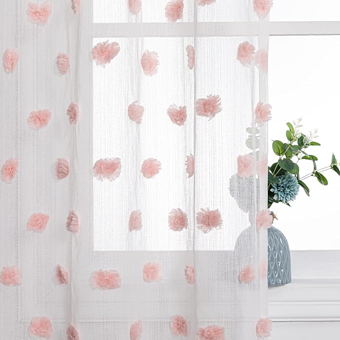 MYSKY HOME 45 Inches Long Pink Curtains for Kitchen Pom Pom White Sheer Curtains for Bedroom Living Room Nursery Girls Room Rod Pocket Boho Small Window Panels of 2 Drapes 37 x 45 inch Length