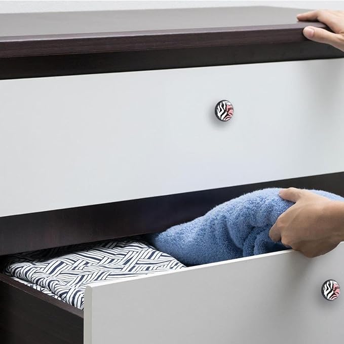 4 PCS Knobs for Dresser Drawers, Pink Zebra Skin Texture ABS Round Kitchen Cabinet Handles Pulls for Kitchen Cupboard Wardrobe Hardware Bedroom