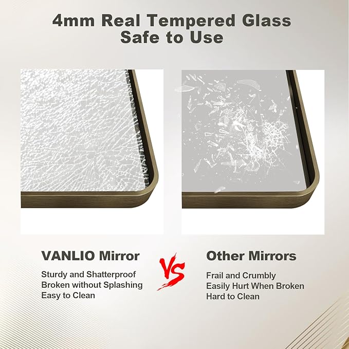 48x36 Bronze Framed Bathroom Mirror, Rectangle Brushed Bronze Metal Vanity Mirror, Large Modern Mirror for Wall, Rounded Corner, Tempered Glass, Anti-Rust, Shatterproof (Horizontal/Vertical)