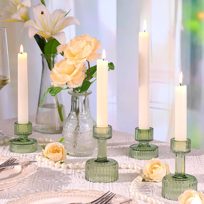 Candlestick Holders Bulk, 6 Pcs Green Combination Candle Holders Set, Crystal Candle Holders for Wedding, Table Centerpiece, Home Decoration