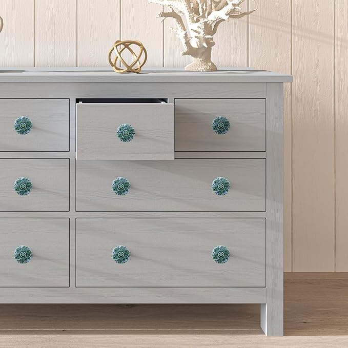 Handmade Blue & Green Ceramic Stone Cabinet Knobs, Vintage Decorative Drawer Pulls for Trendy Cabinets, Modern Dressers & Cupboards, Knobs for Kitchen & Furniture - Set of 6