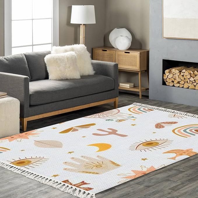 Boho Rug Kids Boho Eye Rainbow Hand Cactus Moon Star Sun Scandinavian Chic Area Rug Hallway Runner Rug Meditation Mat Minimalist Home Decor Bedroom Nursery Playroom Classroom, 4'x6
