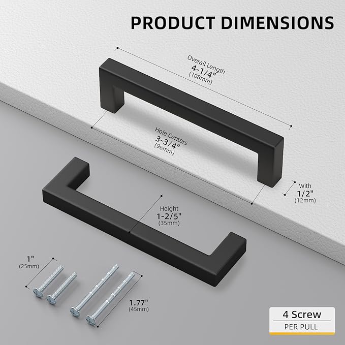 goldenwarm 10 Pack 3-3/4 Inch Black Cabinet Handles Matte Black Drawer Pulls Stainless Steel Cabinets Hardware Square Bar Modern for Kitchen Bathroom Cupboard