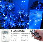 BrizLabs Blue Snowflake Lights, 40 LED 16.08ft Snow Flake Christmas String With Remote, Battery Twinkle, 8 Modes Xmas Waterproof for Outdoor Indoor Wedding Party Window Decor