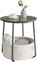 VASAGLE LILEA Collection - Small Round Side End Table, Modern Nightstand with Fabric Basket, Forest Green and Cream White ULET223C80