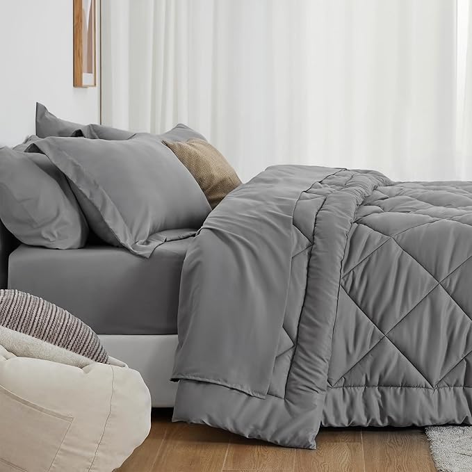 Love's cabin Twin Comforter Set Grey, 5 Pieces Twin Bed in a Bag, All Season Bedding Sets with 1 Comforter, 1 Flat Sheet, 1 Fitted Sheet, 1 Pillowcase and 1 Pillow Sham