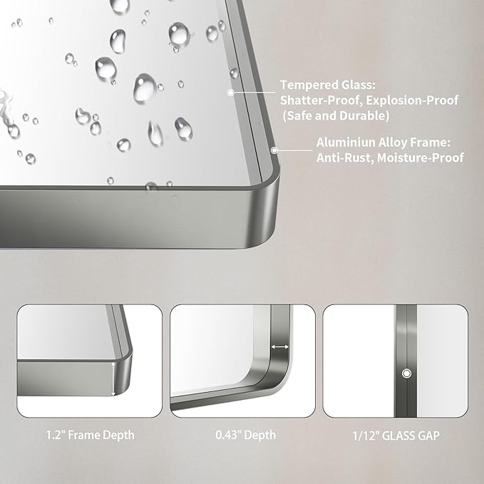 LOAAO 48x40 Inch Brushed Nickel Bathroom Mirror, Rounded Rectangle Silver Metal Frame Mirror, Brushed Nickel, Anti-Rust, Shatter Proof, Hangs Horizontally or Vertically