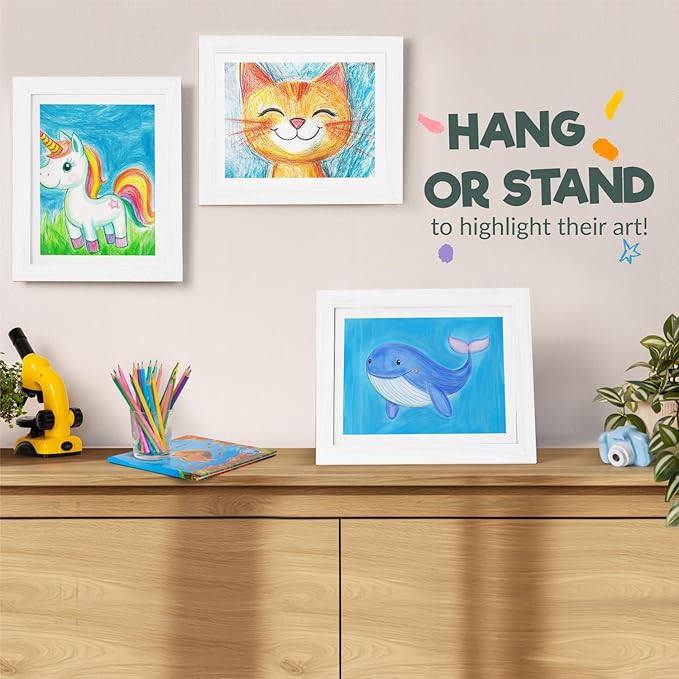 Zenacolor Kids Artwork Frames Changeable - Front-Opening to Display & Store 100 pcs - Set of 3 Kids Art Frame Includes Wall Hooks & Stand - 10x12.5cm - White