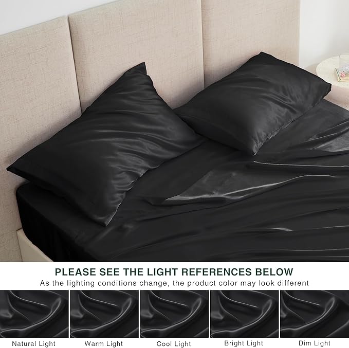 Love's cabin California King Satin Sheet Sets - 4 Piece Black Silky Sheets Bed Set with Deep Pocket, Luxury Silk Feel Satin Cal King Sheet Set (1 Flat Sheet,1 Fitted Sheet,2 Pillow Cases)