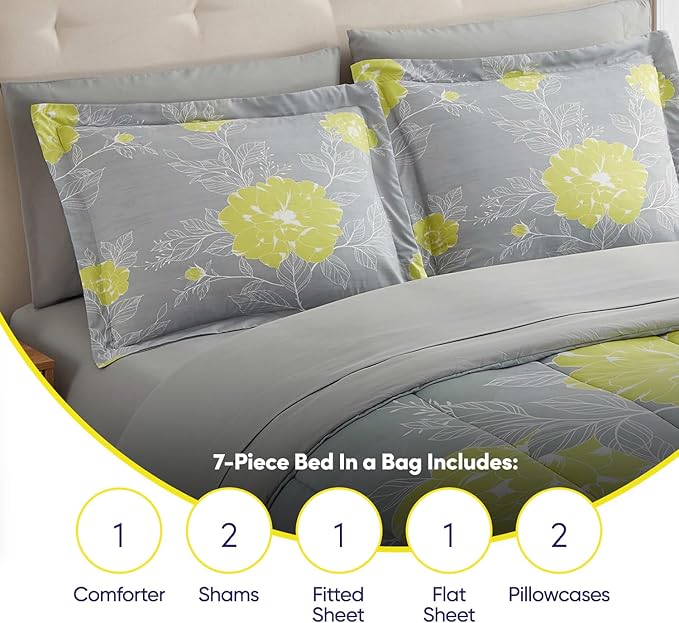 Sweet Home Collection 7 Piece Comforter Set Bag Solid Color All Season Soft Down Alternative Blanket & Luxurious Microfiber Bed Sheets, Florence, King