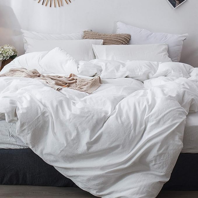MooMee Bedding Duvet Cover Set 100% Washed Cotton Linen Like Textured Breathable Durable Soft Comfy (Solid Off White, Full 80"x90")
