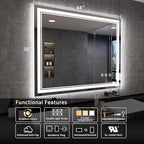 LED Mirror, 44x36 Inch Gradient Front and Backlit Lighted Mirror, 3 Colors Dimmable CRI>90 Double Lights, IP54 Enhanced Anti-Fog, Hanging Plates Bathroom Mirror with Lights