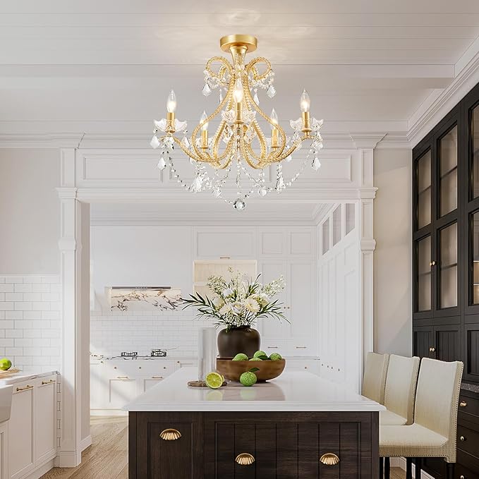 WUZUPS 5-Light Crystal Candle Chandelier Flushmount Ceiling Light Modern Lighting Fixture for Bedroom Hallway Bar Kitchen Bathroom, H 20.9" W 22", E12 Base, Gold
