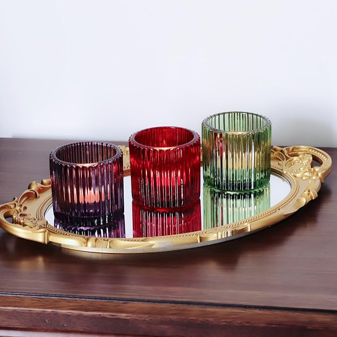 VOHO 3 Color Votive Candle Holders for Easter Decor, 6pcs Large Tealight Candle Holder for Votive Tea Lights Candles, Ribbed Tea Light Candle Holder Glass Gifts for Halloween/Thanksgiving/Christmas
