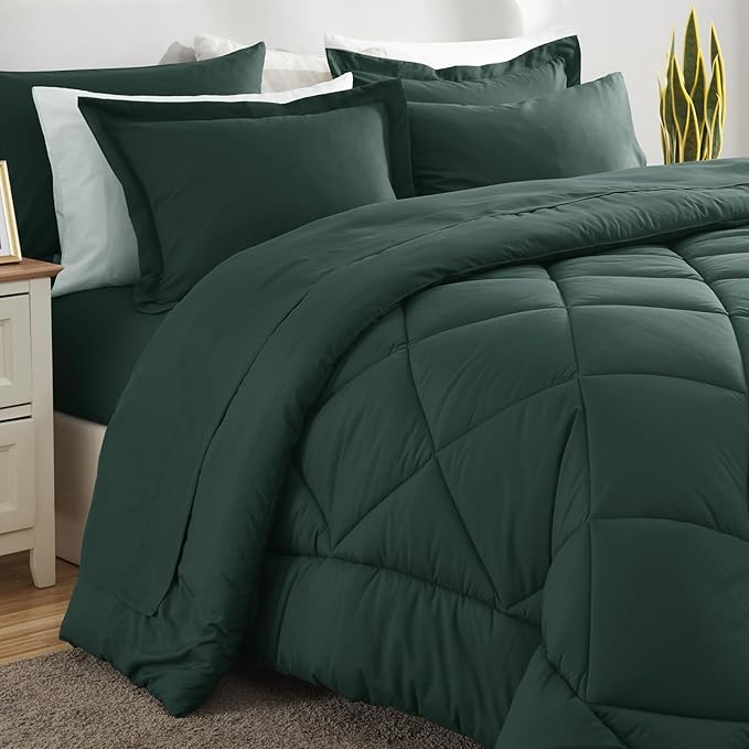 CozyLux Queen Comforter Set Forest Green - Bed in a Bag Queen Size 7 Pieces, Luxury Soft Bed Set for All Seasons, Bedding Set with Down Alternative Comforter, Sheets, Pillowcases & Shams