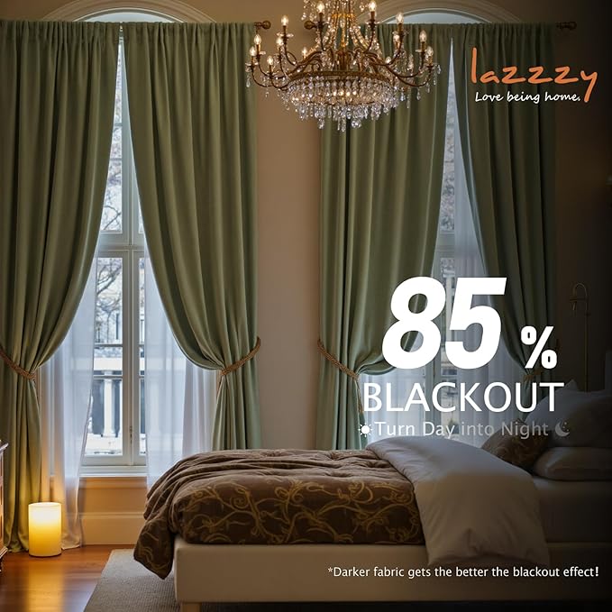 Lazzzy Velvet Blackout Curtains Thermal Insulated Room Window Drapes Super Soft Luxury Curtains for Living Room Bedroom Rod Pocket 2 Panels, Olive Sage, 62" W x 120" L