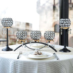 Set of 3 Gold Crystal Tea Light Candlestick Holders Flower Shape with Crystal Pendant Bowl Votive Metal Candle Holder for Table Centerpieces Wedding Home Decor (Set of 3, Black+Gold)