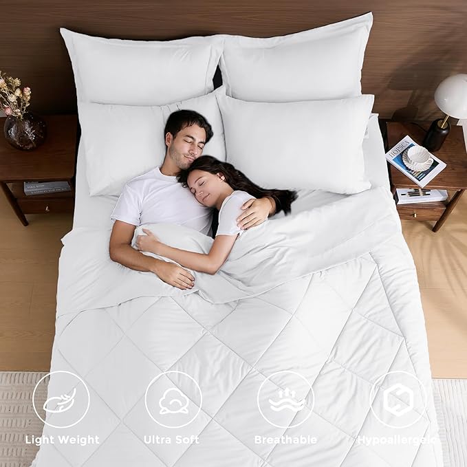 HEVUMYI Full Comforter Set - 7-Piece All Season Bed in a Bag Full, Ultra Soft Bedding Set with Comforter, Flat Sheet, Fitted Sheet, Pillowcases, Pillow Shams, White