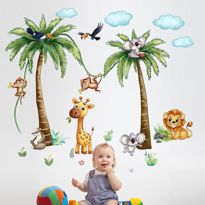 Jungle Animal Wall Stickers Forest Safari Wall Decals Kid Room Nursery Baby Bedroom Décor (Brown Tung Tree Toucan)