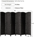 Rose Home Fashion Room Divider, 6 ft Tall Room Dividers and Folding Privacy Screens, 16in Privacy Screen 6 Panel Black Space Temporary Wall Foldable Partition Separation