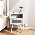 Mid Century Modern Nightstand with Charging Station, Bedside Tables with Glass Decorative Door, End Table Side Table with 2 Tiers Storage Space, for Bedroom, Living Room, White
