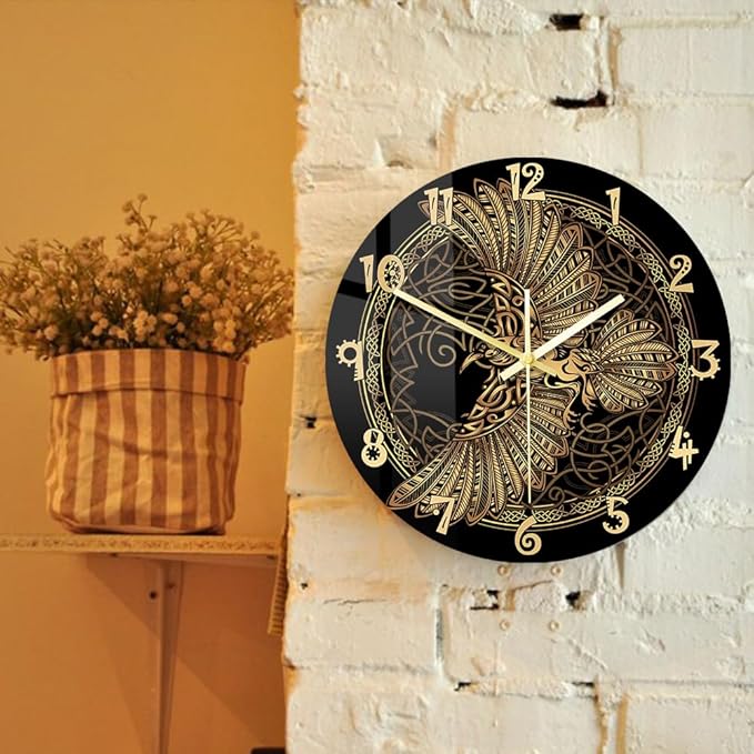 15 Inch Scandinavian Tattoo Odin's Celtic Raven Wall Clock, Norse Viking Man Cave Wall Clock Runic Symbols Crow Vintage Decorative Silent Non Ticking Battery Wall Watch Clock for Living Room