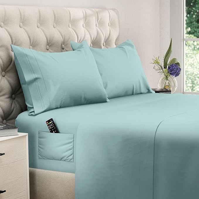 DREAMCARE Queen Sheet Set – 4 pcs Cooling Sheets – up to 21” Extra Deep Pocket Queen Sheets – Hotel Luxury Sheets & Pillowcases – Superior Softness 100% Microfiber with Side Pocket - Spa Blue